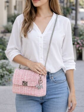 Badgley Mischka Pink Textured Tweed Crossbody with Silver Chain & Dog Bag Charm